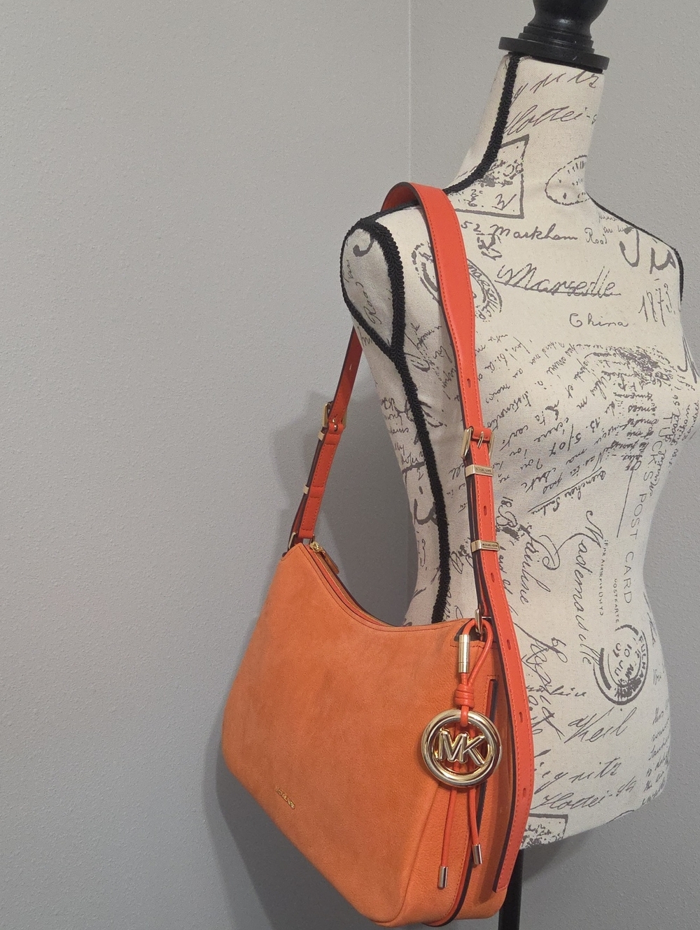 Michael Kors Orange Suede Shoulder Hobo with Gold MK Charm
